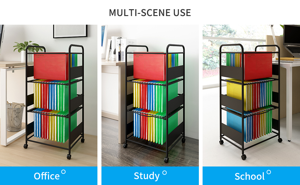 PUNCIA 3 Tiers Metal Rolling File Carts with Wheels Hanging Files for Letter Size Movable Pull