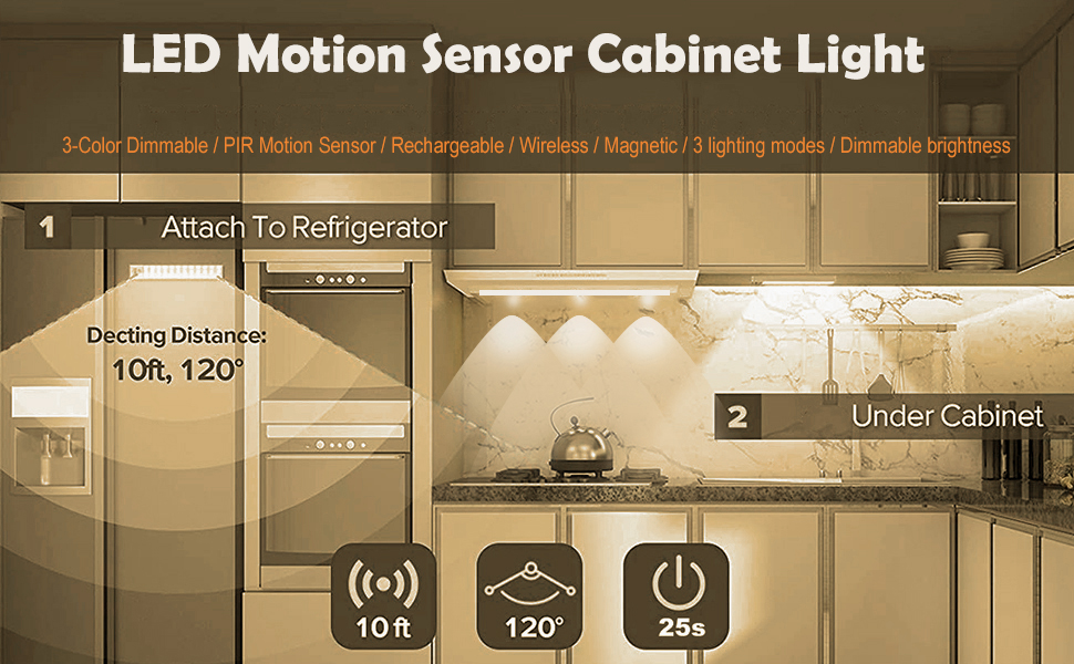 LED Motion Sensor Under Lighting, 3Color Dimmable Rechargeable Wireless Lights