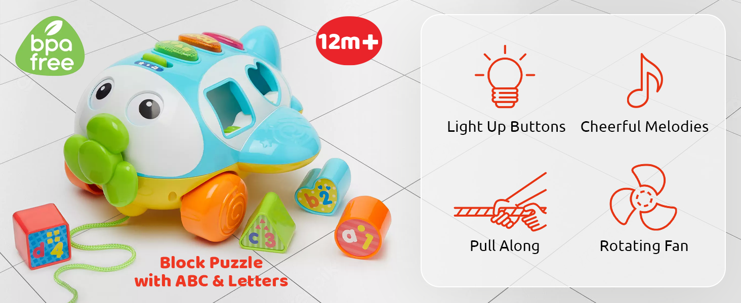 KiddoLab Musical Shape Sorter Plane PullAlong Toy Talking Airplane