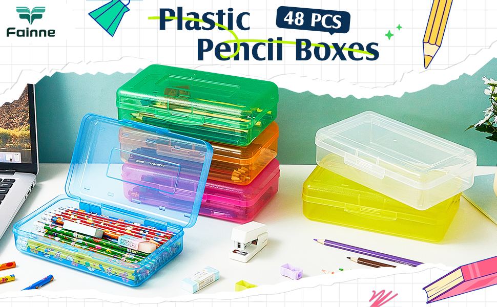 Fainne 48 Pcs Plastic Pencil Boxes Bulk Hard Pencil Case