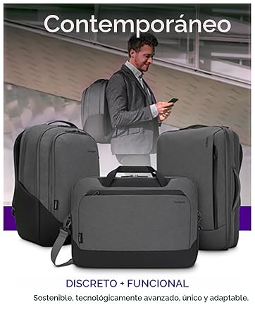 El texto dice «Contemporaneo» y «DISCRETO • FUNCIONAL». El juego de bolsas de viaje grises se exhibe contra un entorno urbano.