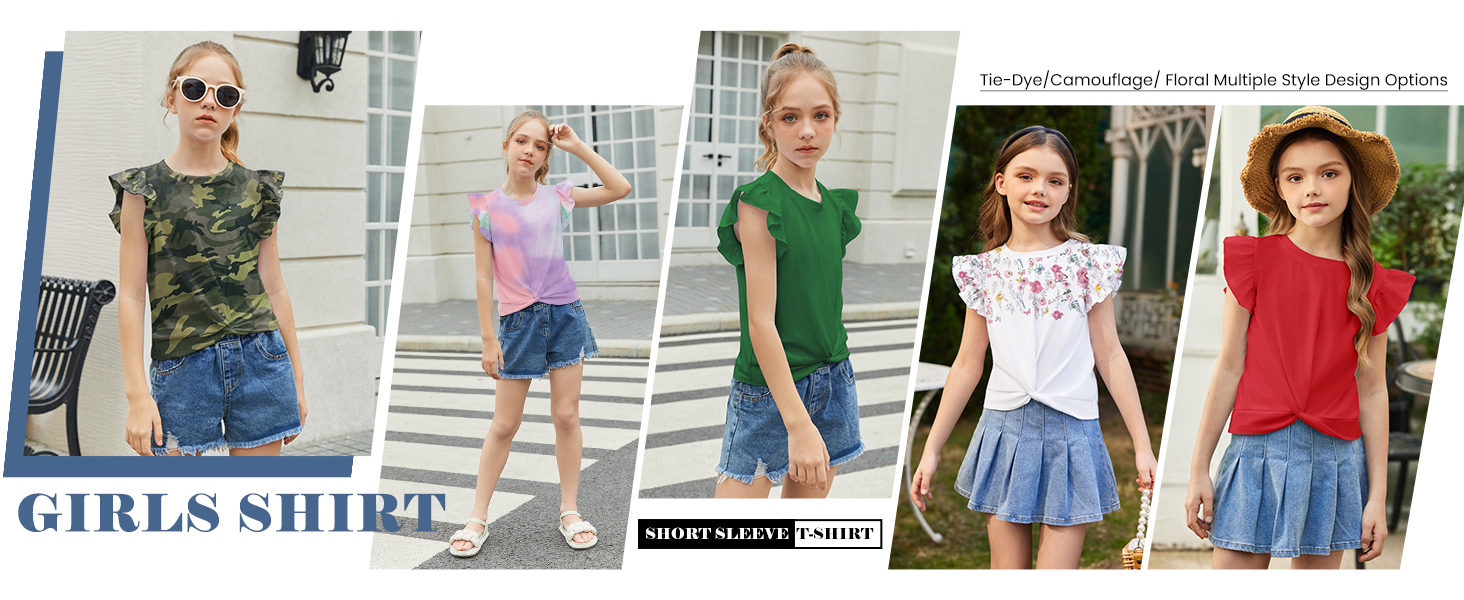 Girls Summer T-shirts Flying Sleeves Round Neck Short Sleeve Tops