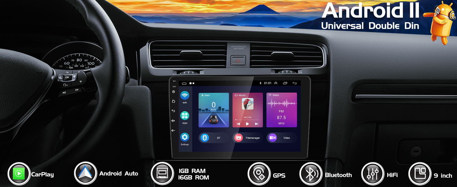 CAMECHO 9 Inch 2 Din Android 11 Car Stereo with Wireless Apple CarPlay