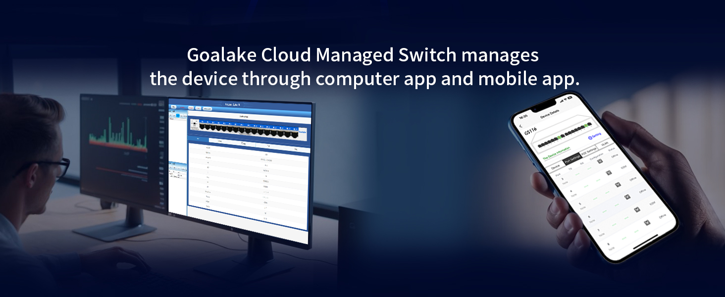 Cloud-managed switch interface shown on laptop and smartphone screens. Text indicates device management through computer and mobile apps.