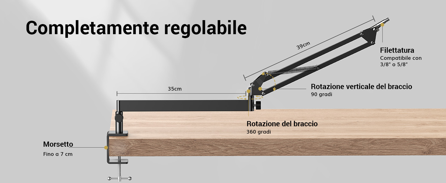 Schema tecnico di un braccio di montaggio regolabile con misure e testo in italiano, che mostra le capacità di regolazione verticale e orizzontale.