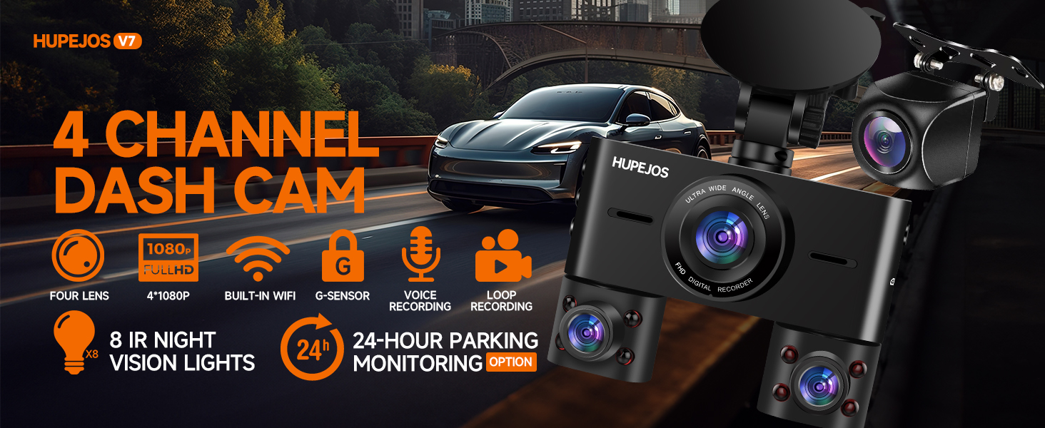 Hupejos 4 Channel Dash Cam Front and Rear, Car Camera, Dash Camera for