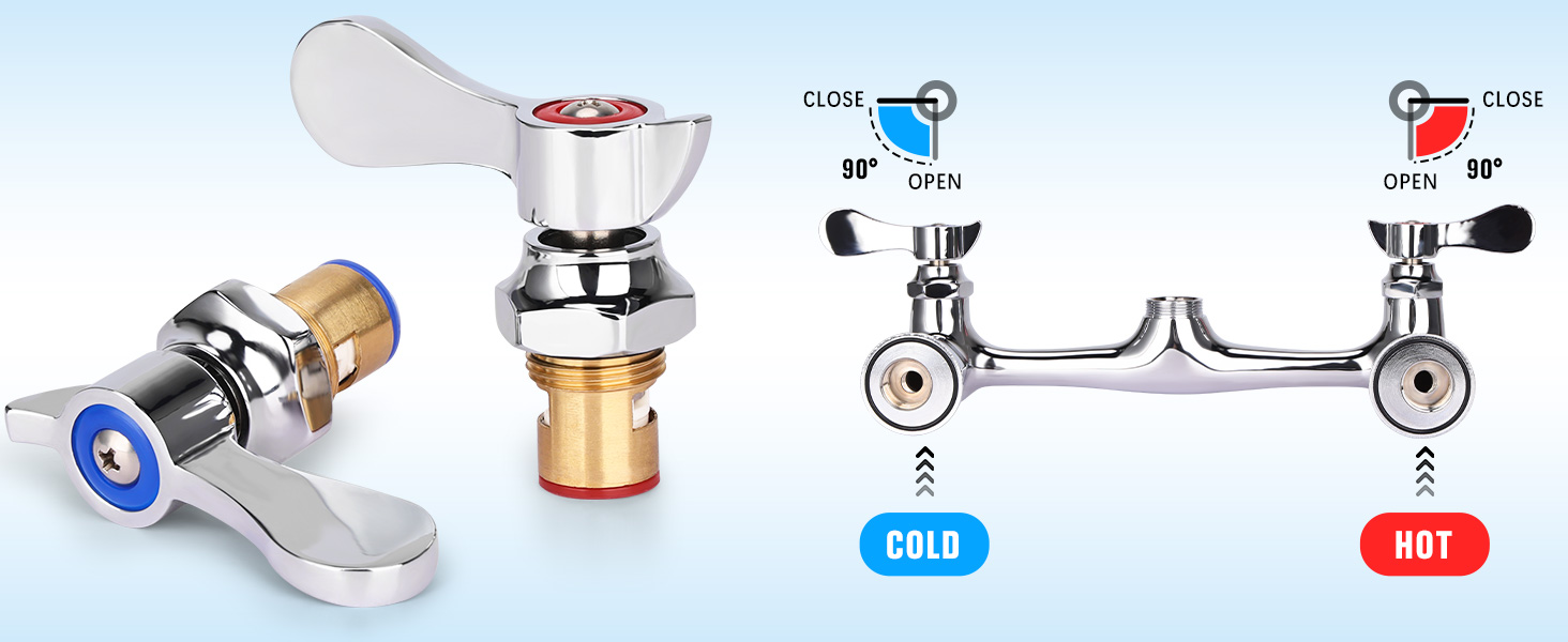 Double handles are designed to adjust the temperature of hot and cold water