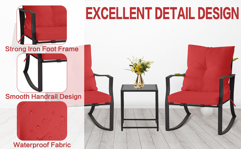 3 Piece Patio Set Outdoor Chairs, Steel Red Rocking Chair
