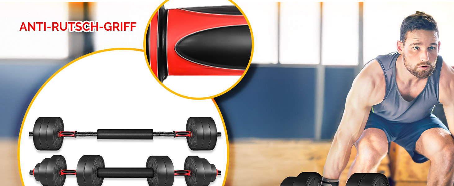 Verstellbares Hantelset mit rutschfesten Griffen. Schwarze Griffe mit roten Akzenten und abnehmbaren Hantelscheiben. Das Inset zeigt eine Nahaufnahme des ergonomischen Griffdesigns