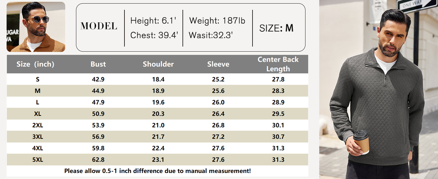 COOFANDY Mens Quarter Zip Pullover Quilted Sweatshirt