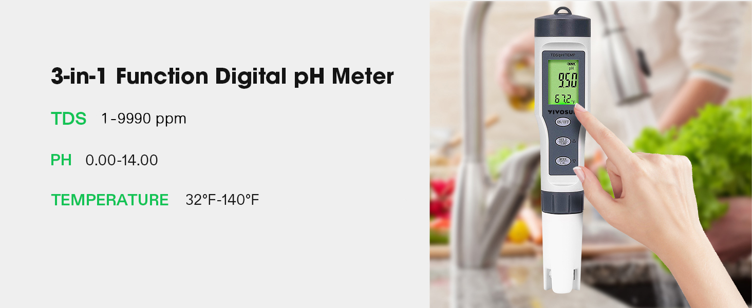 VIVOSUN 3in1 Digital pH Meter with ATC, ±0.1 pH Accuracy, 014.0 pH