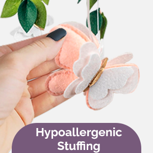 butterfly crib mobile with green leaves, pink, white and gold