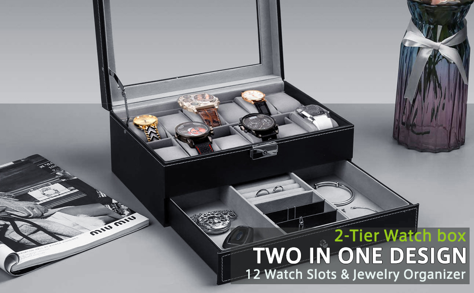 Watch Box 12 Mens & Women Watch Organizer Jewelry Display