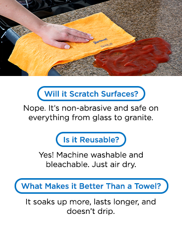 ShamWow Super Absorbent Multi-Purpose, non-abrasive, reusable and washable, lasts longer