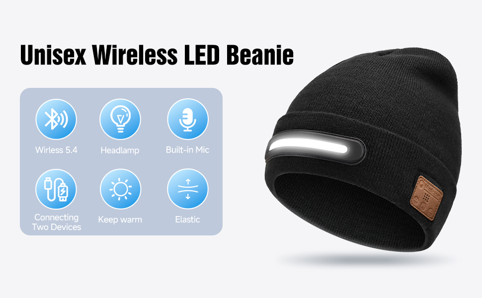 Unisex Wireless LED Beanie Wirless 5.4 Headlamp Built-in Mic Connecting Two Devices warm Elastic