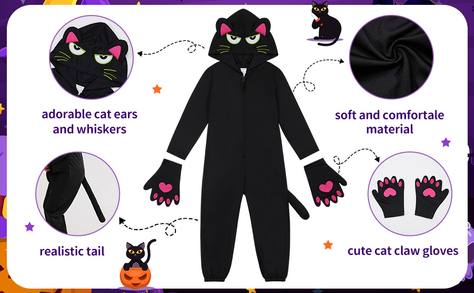 ESHOO Cat Costumes for kids Girls Boys Black Cat Hooded Jumpsuit with