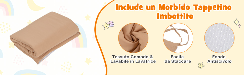 Prodotto in tessuto beige con immagini inserite che mostrano la trama del tessuto, l'imbottitura e le proprietà antibatteriche. Il testo in italiano descrive