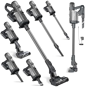 Multiple configurations of a cordless stick vacuum cleaner, showing handheld and extended modes with various attachments.
