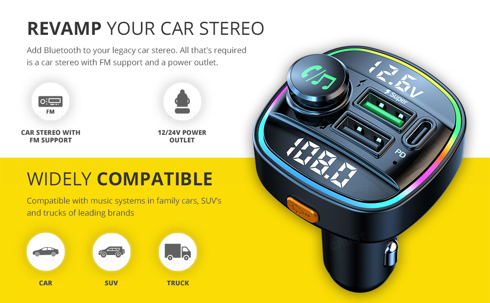 CRUST CS45 Car Bluetooth Device for Music System, FM Transmitter with Call Receiver