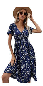 Milumia Women's Floral Print Shirred High Waist V Neck Short Sleeve A Line Midi Dress