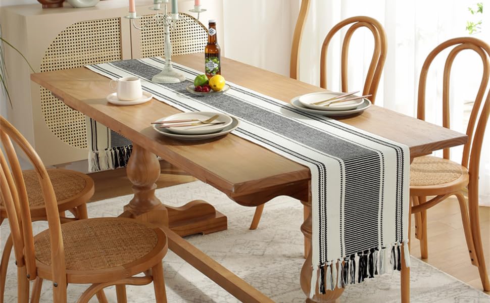 Caflife Boho Table Runner Balck and White for Modern Farmhouse Decor,Natural Cotton