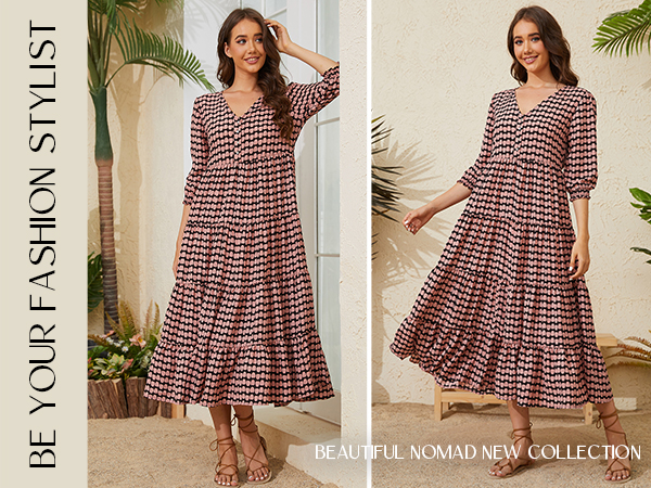 ワンピース SOLOV BRIGHT NOMAD DRESS Beautiful Nomad Women's Casual V Neck Boho Dress Puff Sleeve