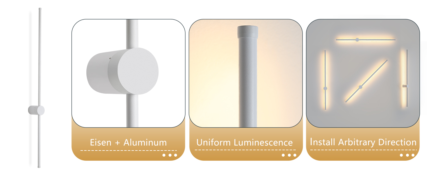 Drei Paneele mit intelligenten Beleuchtungsmerkmalen: mattierte Aluminiumoberfläche, gleichmäßige Lumineszenz und Flexibilität bei der Installation. Minimalistisches Design mit zylindrischen und rechteckigen Formen