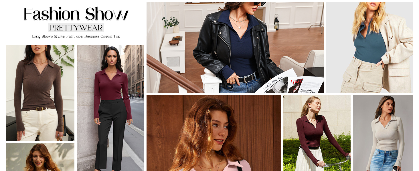 Prettywear Womens Long Sleeve Polo Shirts Business Casual Work Tops Blouse Fitted Collared V Neck Shirt 2025 Fall Clothes 27 4052