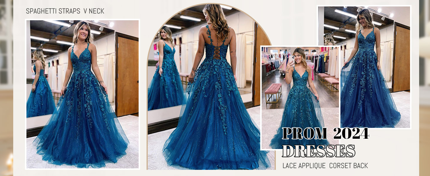 Sparrkly Tulle Prom Dresses 2024 Lace Applique Long Backless Formal Party Evening Dresses for Women