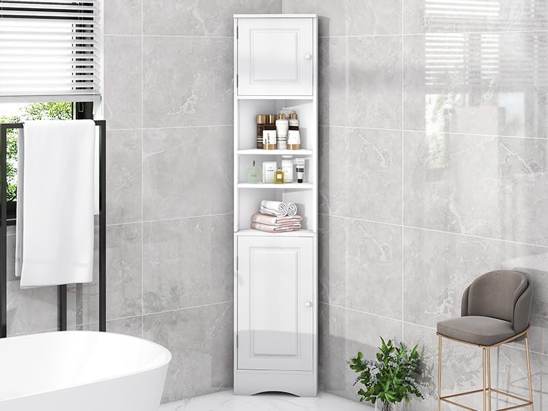 white tall corner cabinet