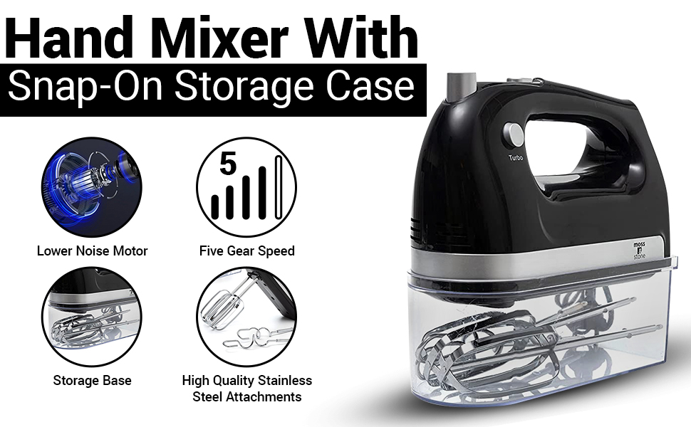 Moss & Stone Hand Mixer With SnapOn Storage Case, 5 Speed Hand Mixer