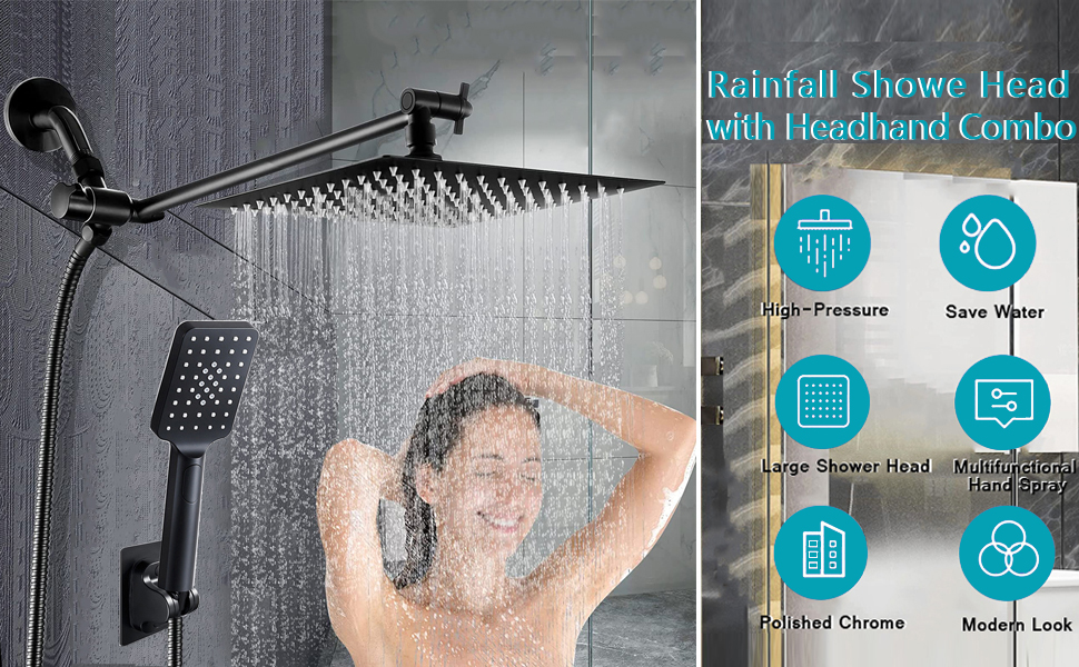 Shower Head,8'' Rain HighPressure Shower Head / 3 Setting Handheld