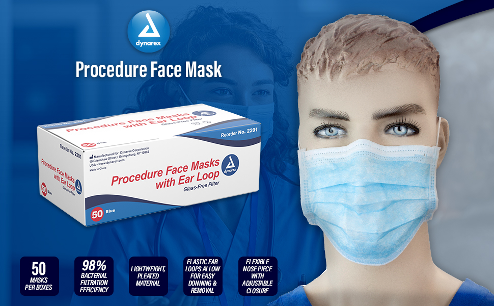 Dynarex Procedure Masks TriplePleated Face Masks with Ear Loops & Nose Strip