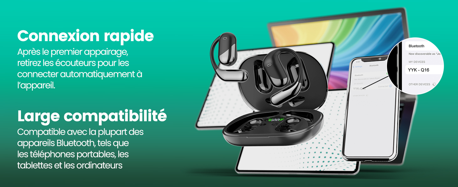 Le texte indique « Connexion rapide » et « Large compatibilité ». Images de produits sur le thème vert montrant un dispositif de recharge sans fil avec des illustrations de connectivité pour téléphone et ordinateur.