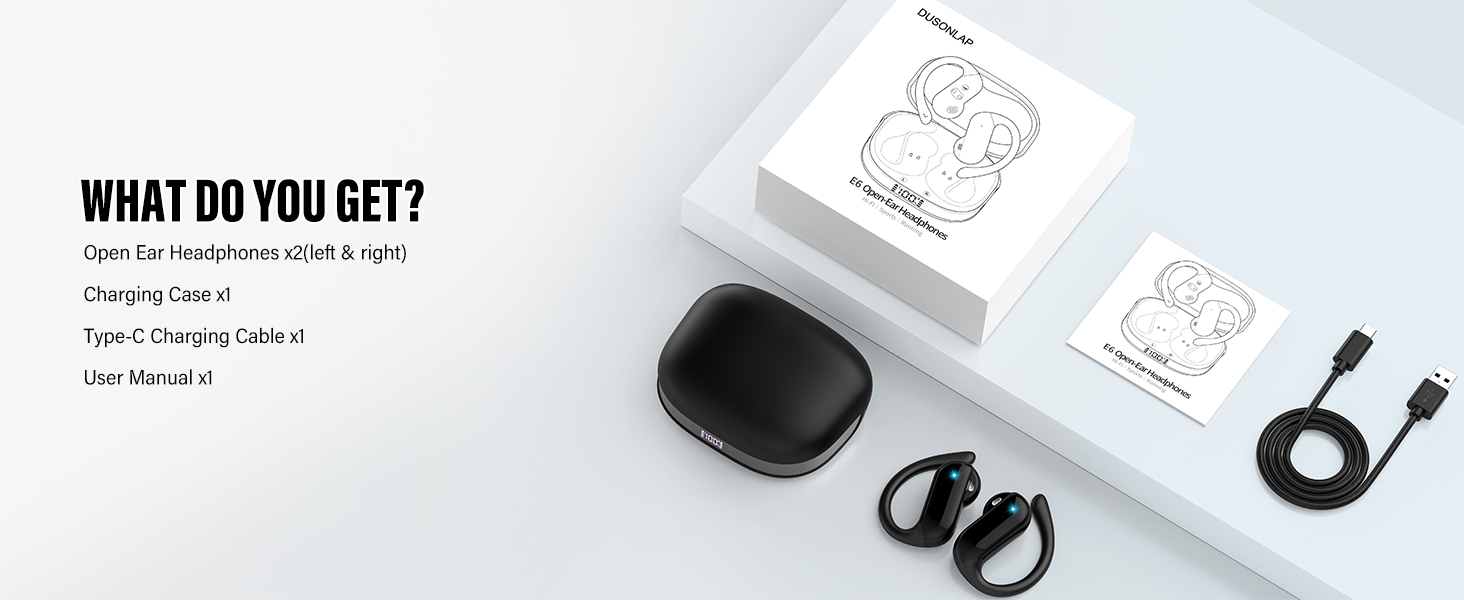 Product showcase with wireless earbuds, charging case, USB cable, and packaging featuring cartoon bear illustrations. Components displayed on white surface against light background.