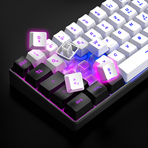 Kompakte mechanische Tastatur mit weißen Tastenkappen und violetter LED-Hintergrundbeleuchtung, die eine Teilansicht des Tastenlayouts zeigt.