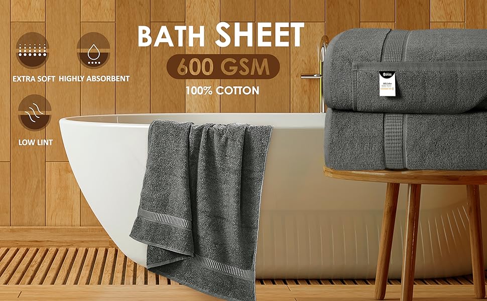 Oakias 2 Pack Luxury Bath Sheets Grey 35 x 70 Inches