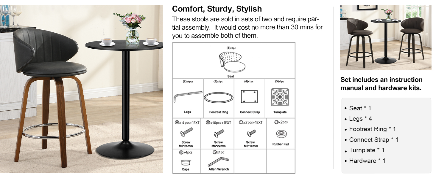 FERFALDER 26 Inch Bar Stools Set of 2 Swivel Counter Height Bar Stools Bentwood