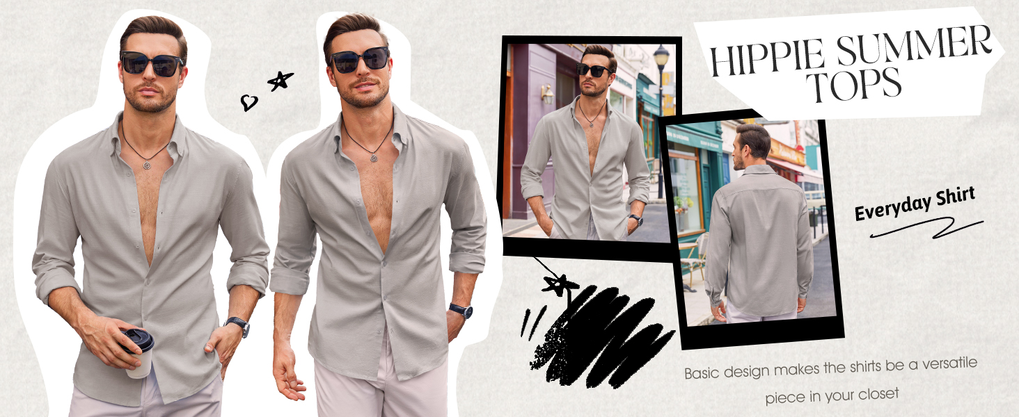 Camicia da uomo con bottoni in cotone e lino, casual, a maniche lunghe, con colletto, stile hippie, da spiaggia_voghion.com