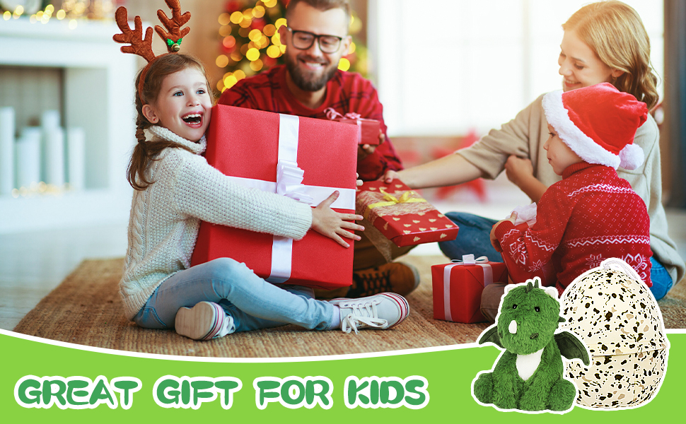 Family exchanging gifts in holiday setting, with text 'GREAT GIFT FOR KIDS' and image of green plush toy next to speckled egg.