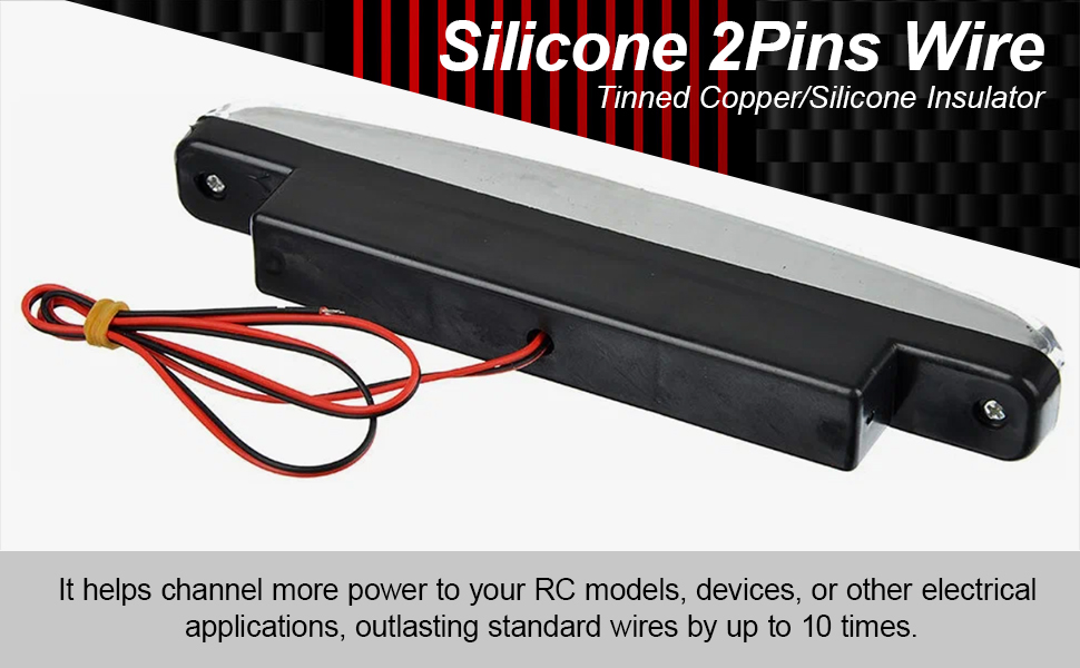 Text reads 'Silicone 2Pins Wire'. Product images showing black electrical cables with red connectors, demonstrating power delivery capabilities.