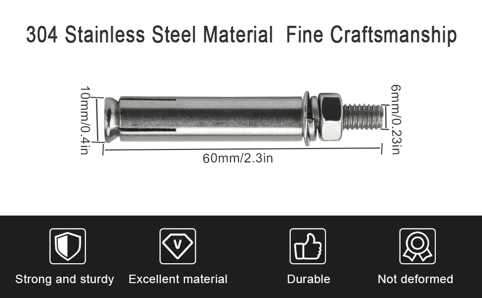 DURANTEY 10 PCS Expansion Screw Bolts M6 Sleeve Anchor Bolt 304