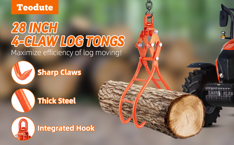 Teodute Log Lifting Tongs 28 inch 4 Claw Timber Log Lifting