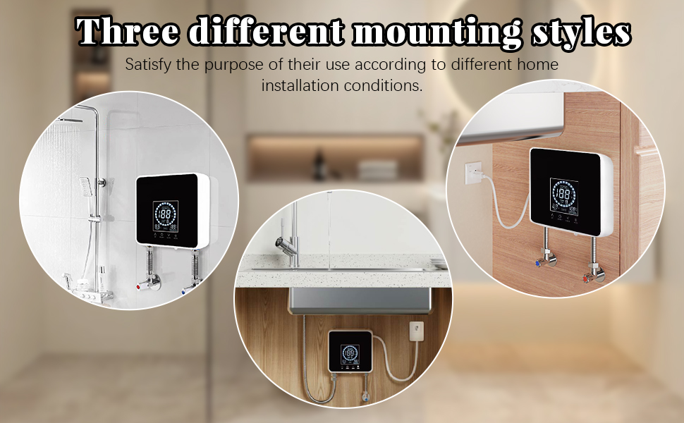 Tres paneles circulares que muestran diferentes opciones de montaje en pared para un dispositivo, incluidos los estilos de montaje en superficie e instalación empotrada.