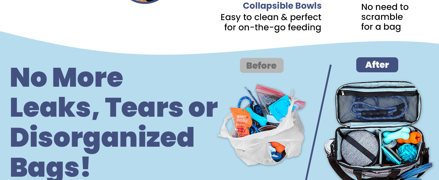 Before and after view of dog diaper bag upgrade using organized dog food travel bag system.