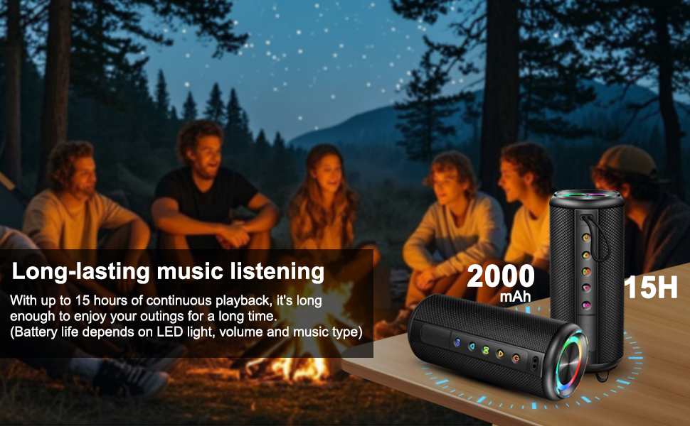 Text reads 'Long-lasting music listening' and '2000' '15H'. Nighttime outdoor scene showing group gathered around campfire with speaker visible.