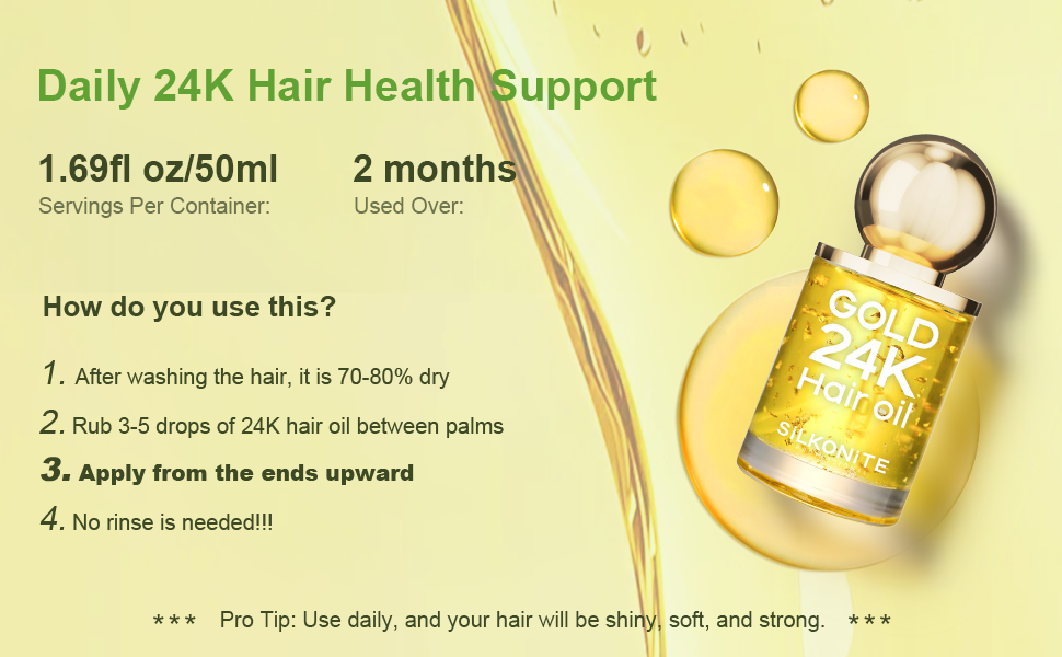 how to use 24K gold hair oil, apply serum to damp or dry hair for smooth and shiny results