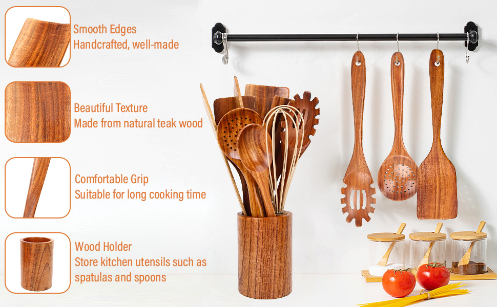 9 piece wooden kitchen cooking utensil set