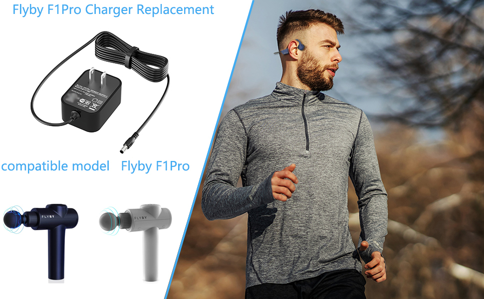 A man is running outdoors.A Massage gun and a charger next to him