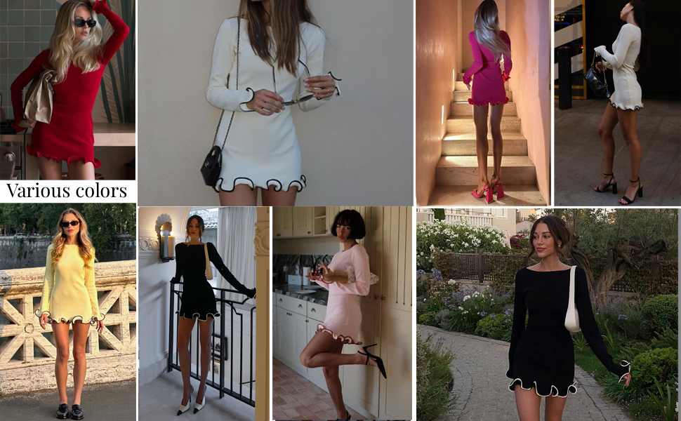 Women Jumper Dress Bodycon Knit Sweater Mini Dress Ruffle Hem Boat Neck